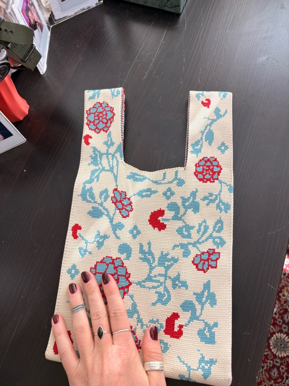 Handwoven Floral Tote Bag in Cream with Red and Light Blue